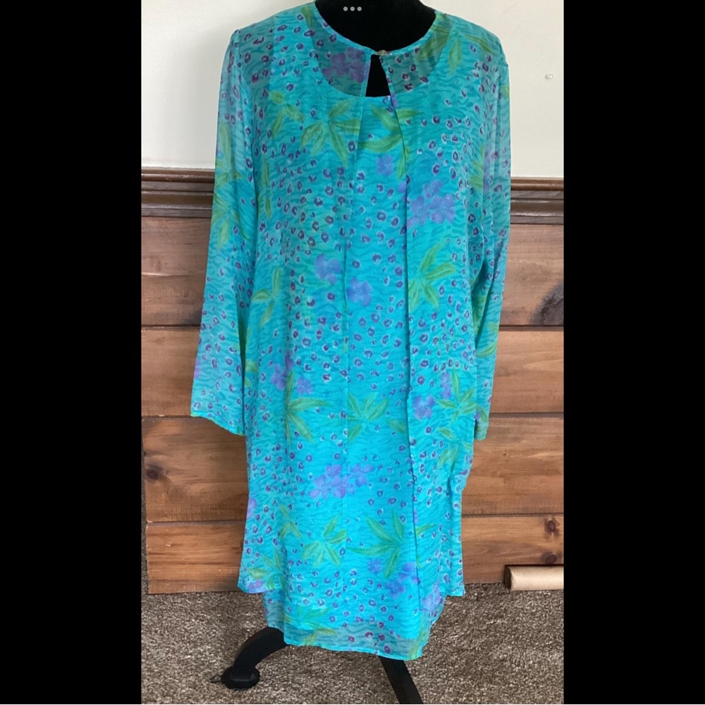L Vintage Silk Crepe Mermaid Sheath Dress Aqua Blue with Sheer Jacket, Like New